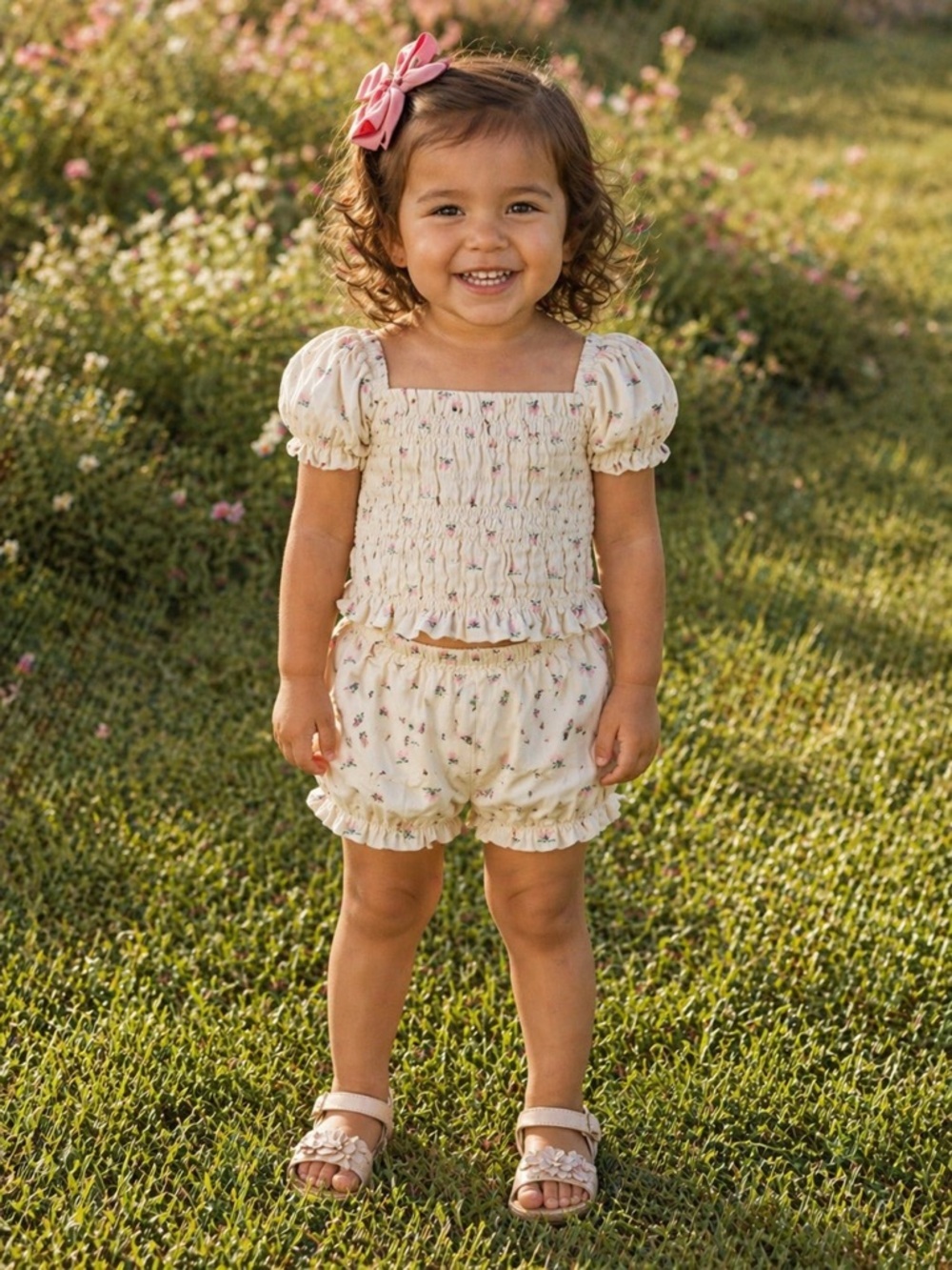 Old Navy Cream Floral Smocked Top and Shorts Set (024)